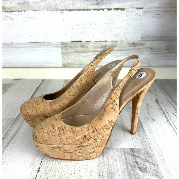Stuart Weitzman Womens 9 Tan Cork Platform High Heel Slingback Pumps Heels - Picture 1 of 9